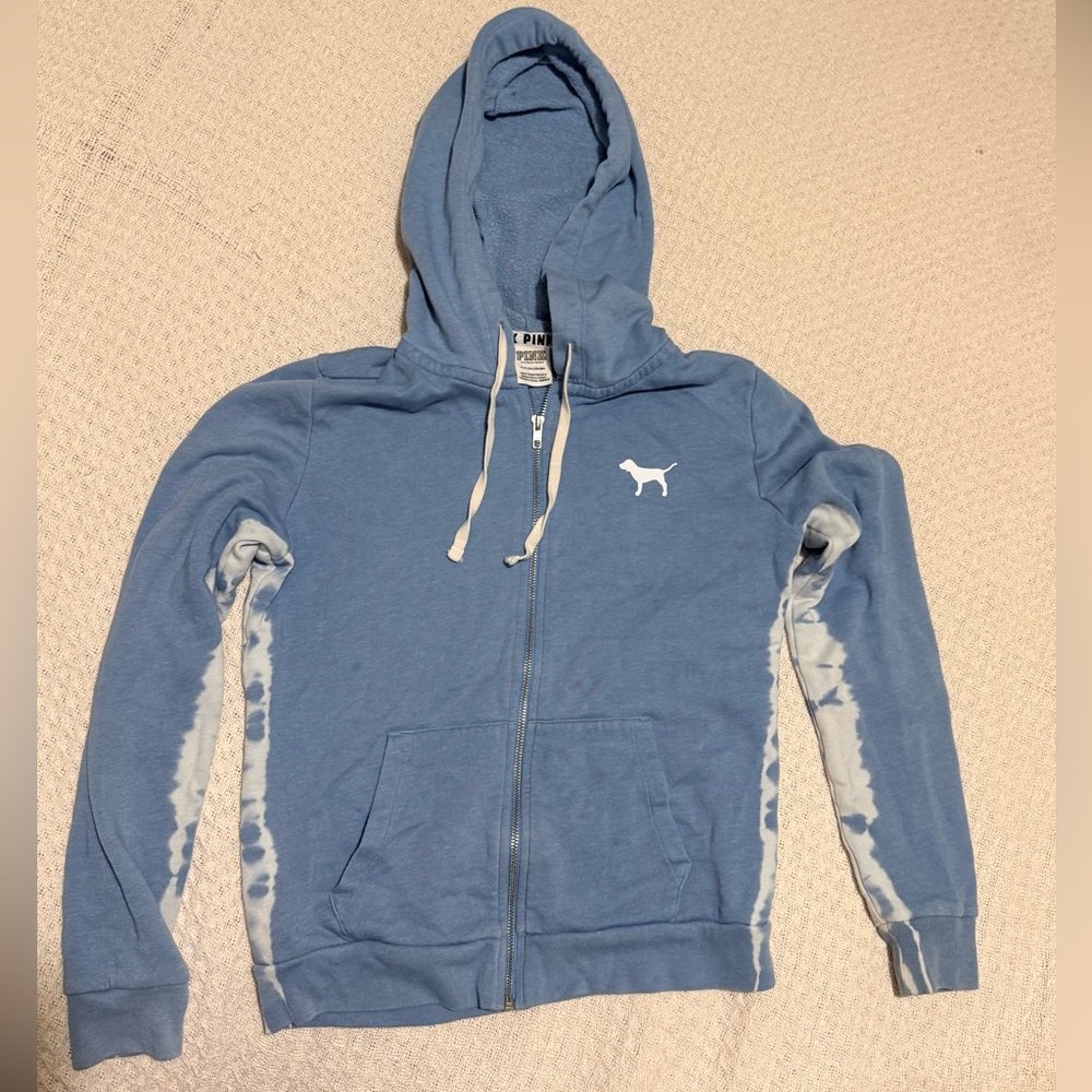 PINK Victoria's Secret Light Blue Zip Hoodie with White Dog Logo